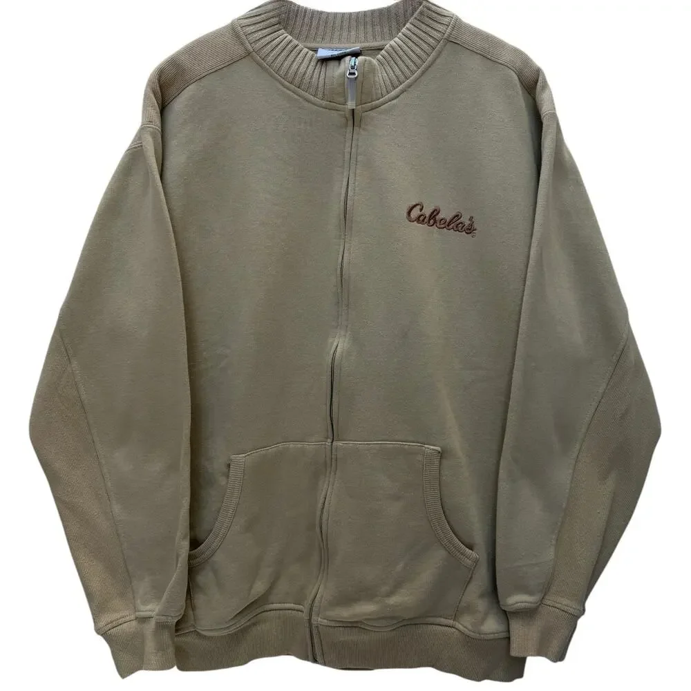 Cabelas Sweatshirt Mens XL Beige Full Zip Embroidered Logo